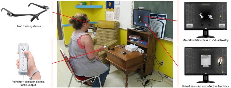By physically moving in front of the TV and using a handheld pointing and selection device, a patient can have a look at the stimulus from different viewpoints