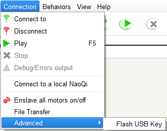 How to access the flash option in Choregraphe's menu bar.